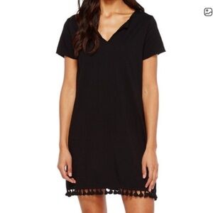 Michael Stars Womens V Neck T-Shirt Shift Dress Black Sz M Tassel Pom Pom Hem